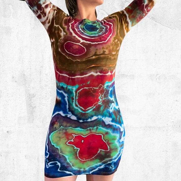 Ice Dyed Bodycon Dress - Long-sleeve Night Out - Rock meets Boho Women's Small - Picture 4 of 12